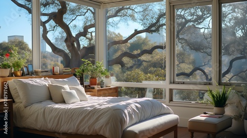 Dawn s Serenity  Peaceful Bedroom with Soft Light and Lush Greenery