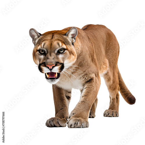 Mountain lion crouching for hunting, isolated on white background