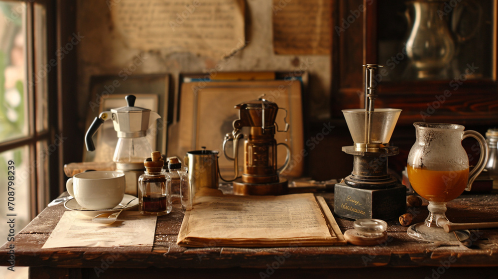 Nostalgic Coffee Traditions: Antique Cups, Storytelling - obrazy, fototapety, plakaty 