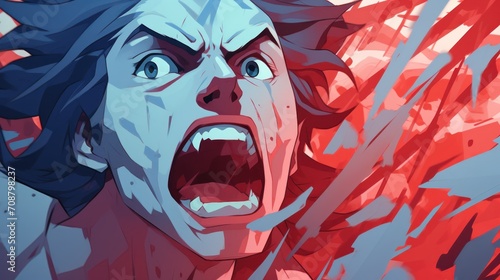 Vampire Man Opening Mouth in Front of Red Background, Anime Illustration