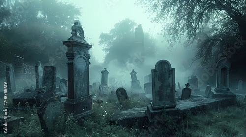 An eerie graveyard surrounded by mist photo
