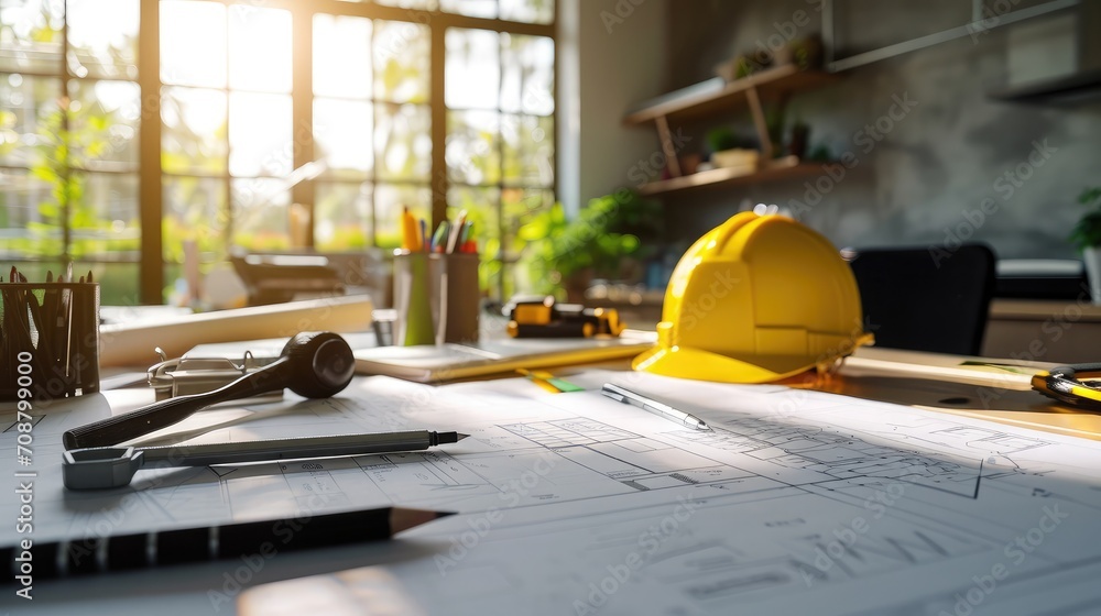 Fototapeta premium Architectural Office desk background construction project ideas concept