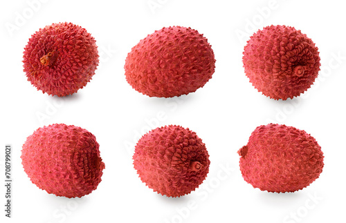 Fresh lychees isolated on white, collection. Tropical fruit