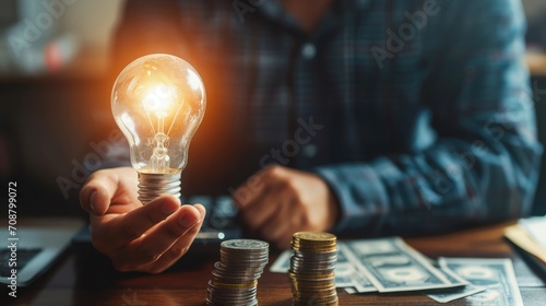 business man hand holding lightbulb with using calculator