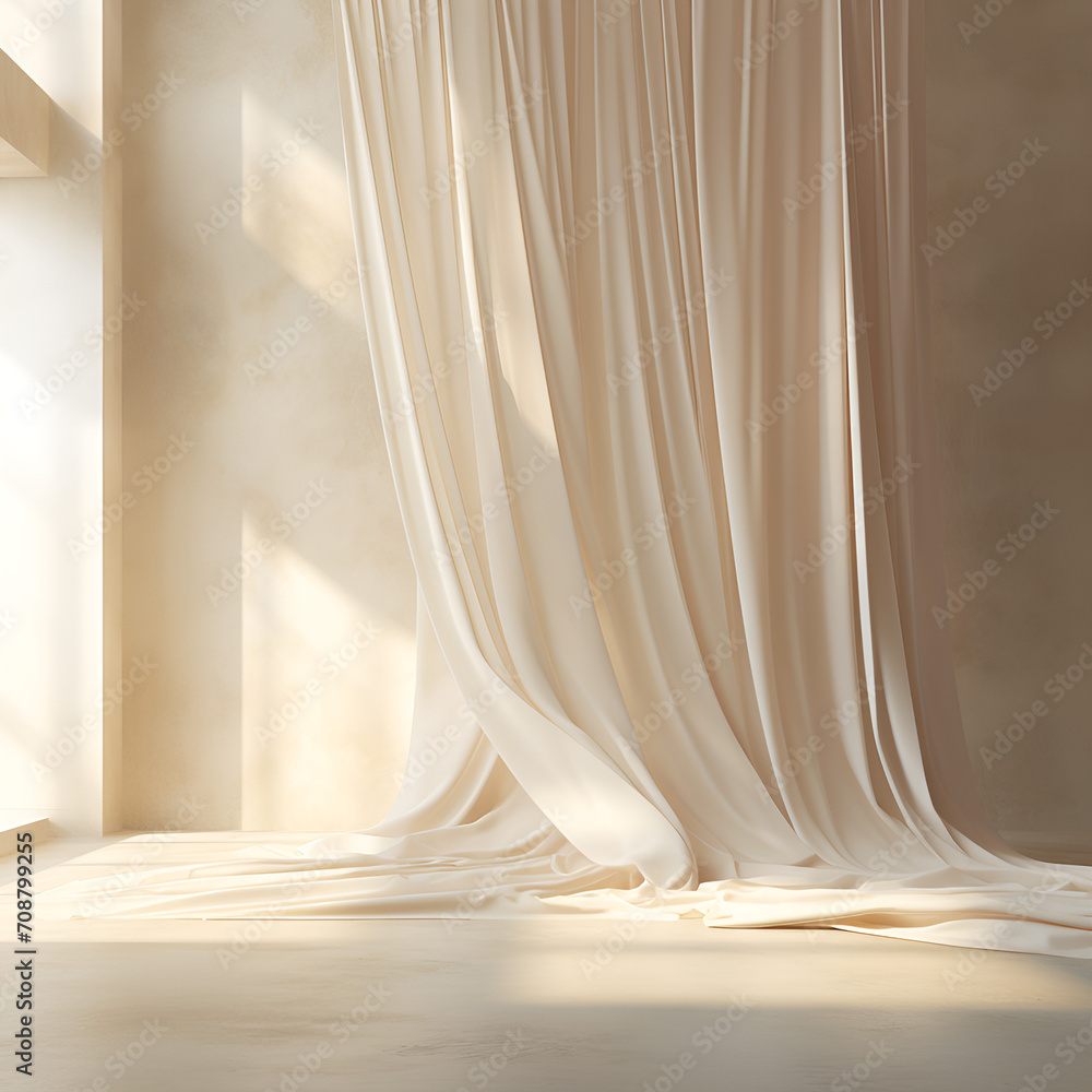 photorealistic creamy white linen curtains with prismatic light leaks against a white clay texture wall, abstract Ai generative 