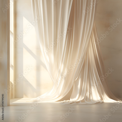 photorealistic creamy white linen curtains with prismatic light leaks against a white clay texture wall, abstract Ai generative 