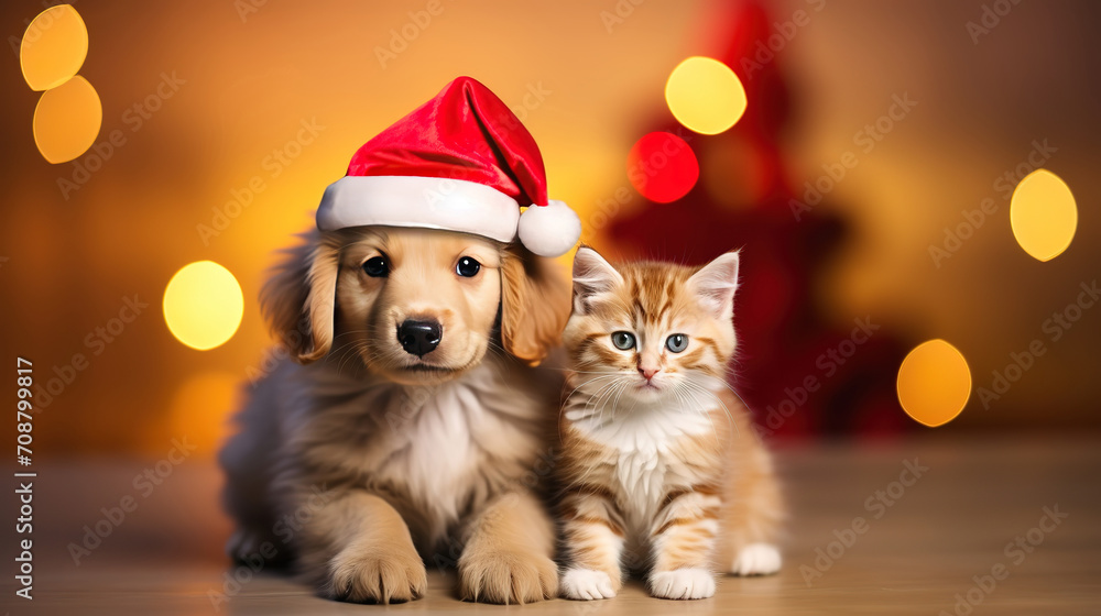 Small pets, a kitten and a puppy, sit in red Santa hat, Merry Christmas