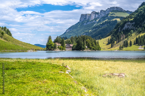Picturesque view of tourists walking along an alpine lake in a green valley with mountain huts in the background on a sunny day. Seealpsee, Säntis, Wasserauen, Appenzell, Switzerland. photo