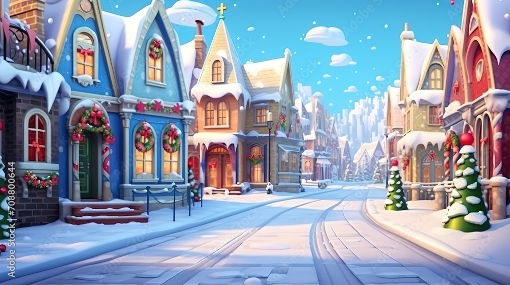 Town street with beautiful cartoon houses decorated for Christmas and New Year