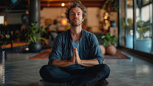 A young man sits cross-legged on the floor in a yoga pose, his hands clasped in front of him. He appears to be meditating or practicing yoga.