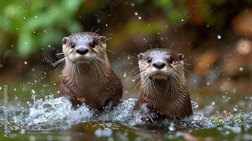 Aquatic Play: Close-Up of Playful Otters in a River © Armen Y