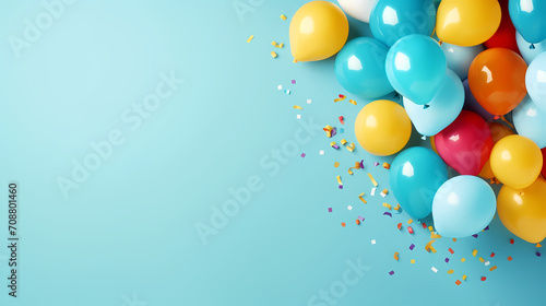 Holiday celebration background with balloons, golden sparkling confetti and ribbons