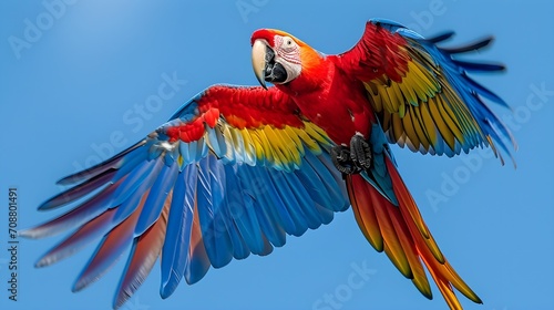 Sky Dance: Vibrant Macaw in Flight Against a Clear Blue Sky © Armen Y