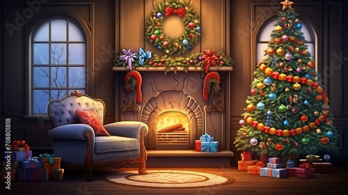 Wallpaper Mural living room with a Christmas tree at night Torontodigital.ca