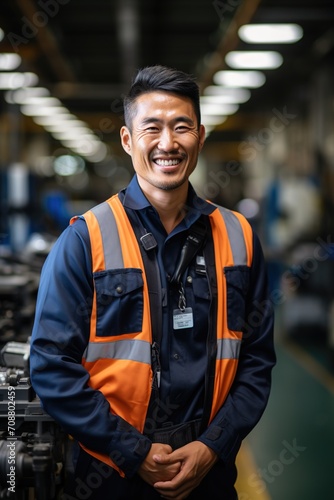 Portrait of an Asian male factory worker smiling