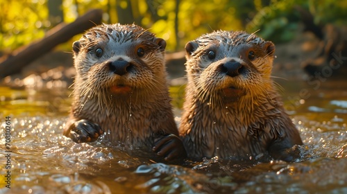 Aquatic Play: Close-Up of Playful Otters in a River © Armen Y