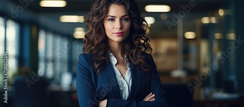Assertive woman in office displaying confidence and charisma.