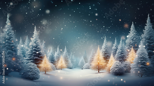 Creative chrsitmas celebrate background of snow bokeh pine tree forest glitter shiny © Dilruba