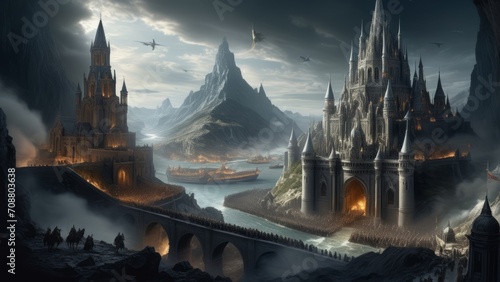 illustration of an epic fantasy battlefield with dark atmosphere