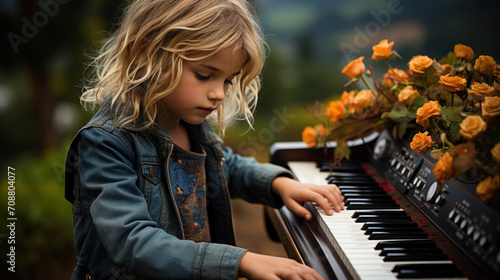 Little girl plays piano standing in garden photo
