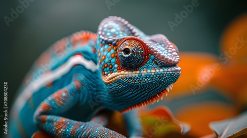 Nature's Palette: Colorful Chameleon on a Branch with Vibrant Skin Patterns