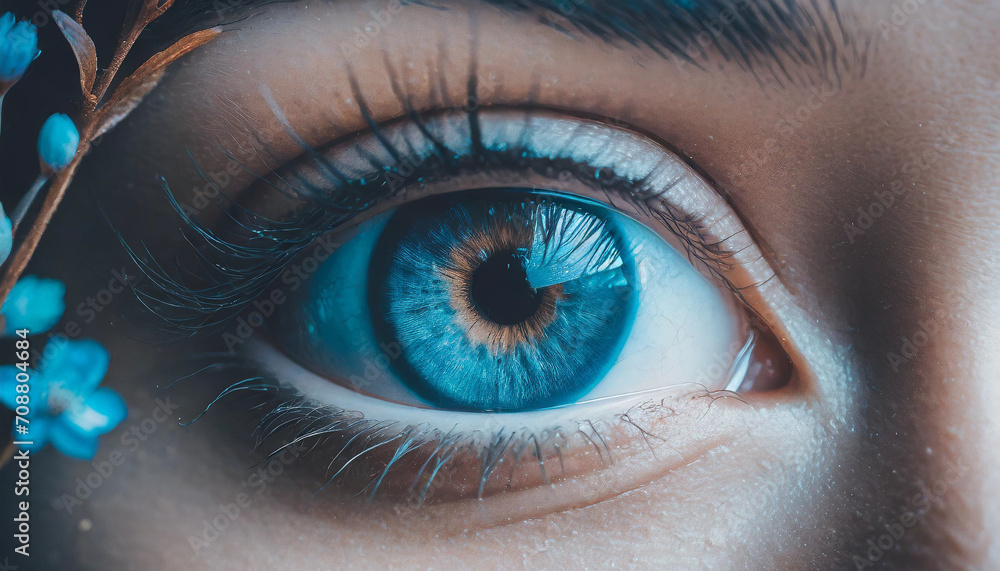 Fototapeta premium Blue eye, woman, blue flowers, close-up, enlargement