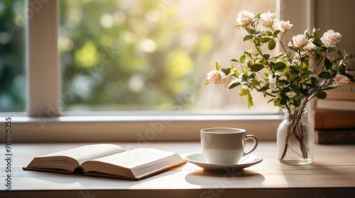 cup of coffee and book for morning devotion in spring or summer time on wooden table with window light © mariiaplo