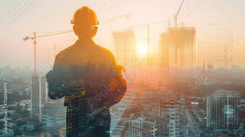 Double exposure image of construction worker holding safety helmet and construction drawing against the background of surreal construction site in the city.  photo