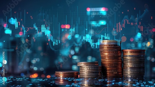 Double exposure of coins stack with graph chart and night cityscape.