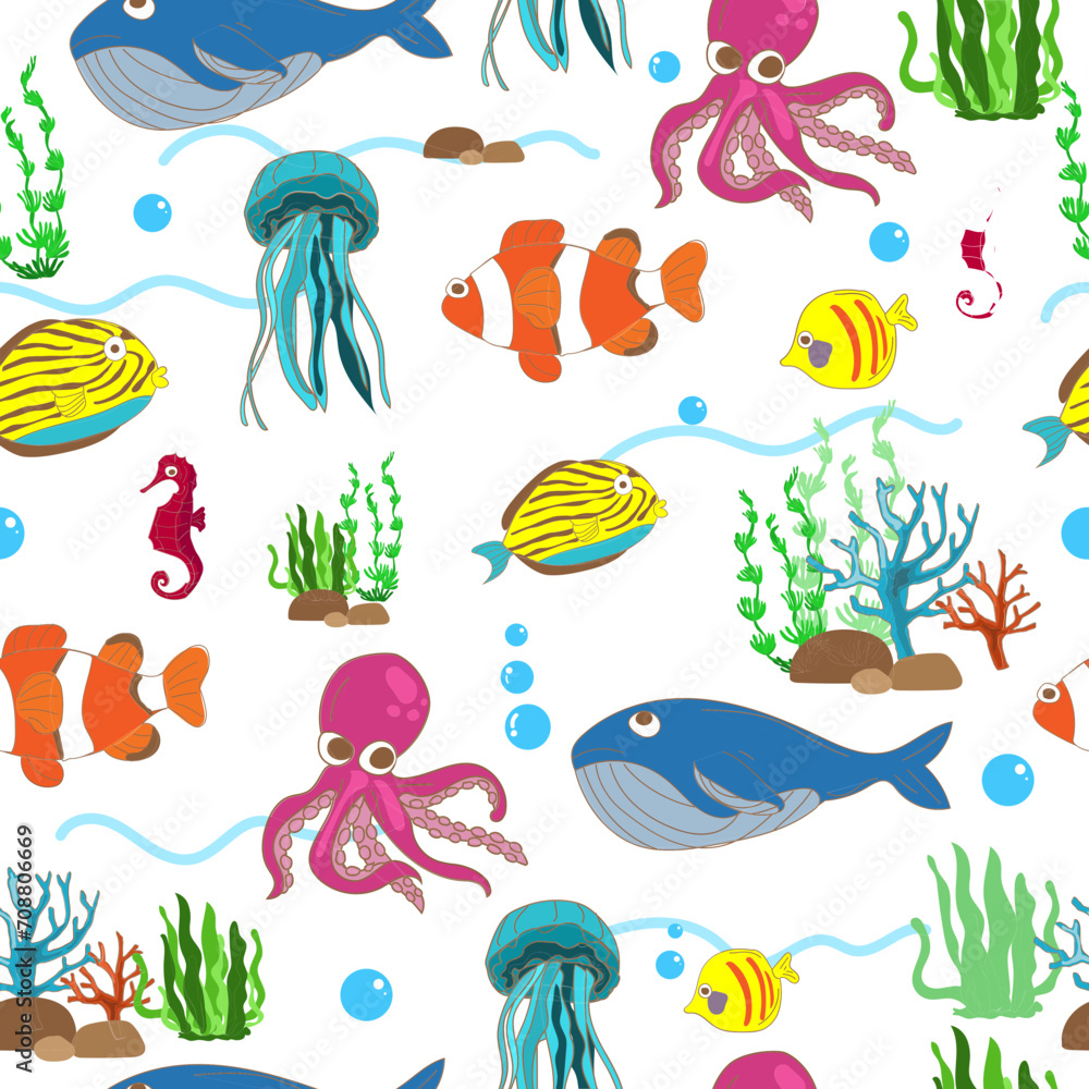 Sea animal seamless pattern background.
