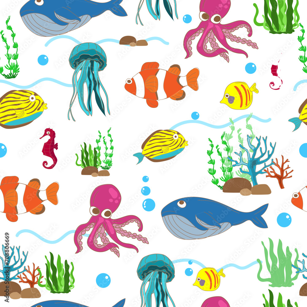 Fototapeta premium Sea animal seamless pattern background.