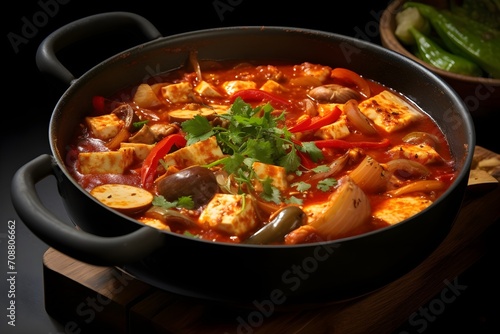 Sundubu-jjigae, a comforting and spicy Korean stew made with uncurdled tofu, vegetables,
