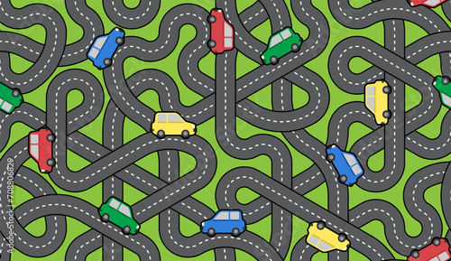 Cars on twisty roads seamless pattern. Fun kid-style vector graphic. Hexagonal Truchet, creative coding computational design.