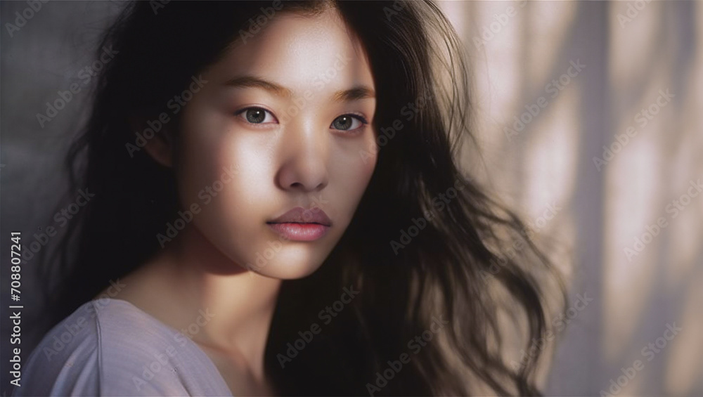 Indoor portrait of an Asian woman illuminated by window light. Long black hair and full lips. Indoor portrait of an Asian woman illuminated by window light. Long black hair and full lips.