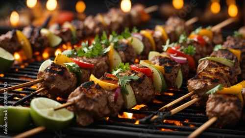Shish kebab in wood skewers. grilled meat skewers on a grill, known as shish kebab, sizzle over the flames, enticingly charred and mouthwateringly delicious. food