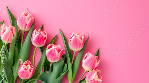 Spring tulip flowers on pink background top view in flat lay style. Greeting for Womens or Mothers Day or Spring Sale Banner #708807288