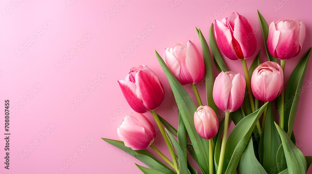 Spring tulip flowers on pink background top view in flat lay style. Greeting for Womens or Mothers Day or Spring Sale Banner Spring tulip flowers on pink background top view in flat lay style. Greeting for Womens or Mothers Day or Spring Sale Banner