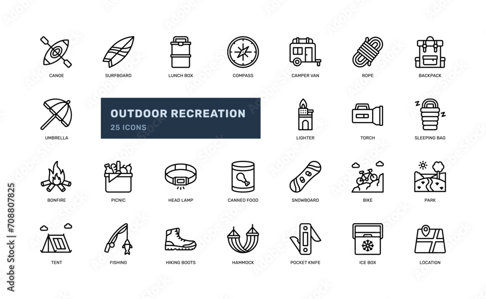 outdoor activity recreation leisure nature sport detailed outline line icon set - obrazy, fototapety, plakaty 