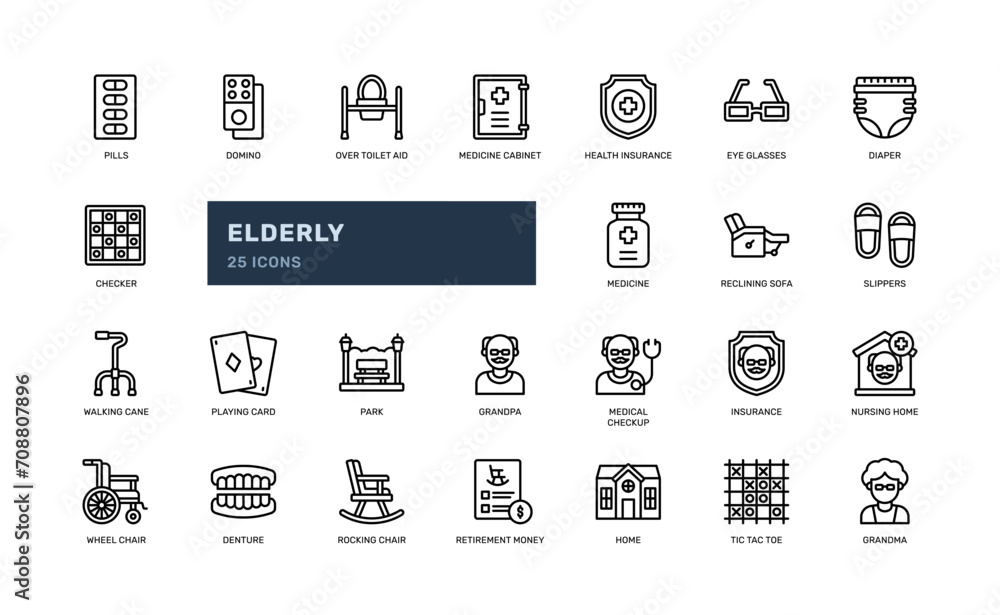 elderly senior people at nursing home fun happy detailed outline icon set
