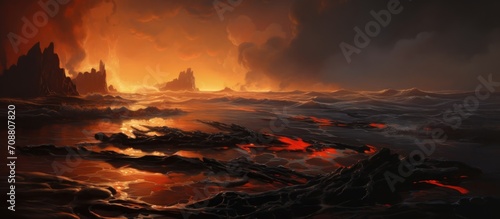 Oil spill with a flame-like appearance in the background.