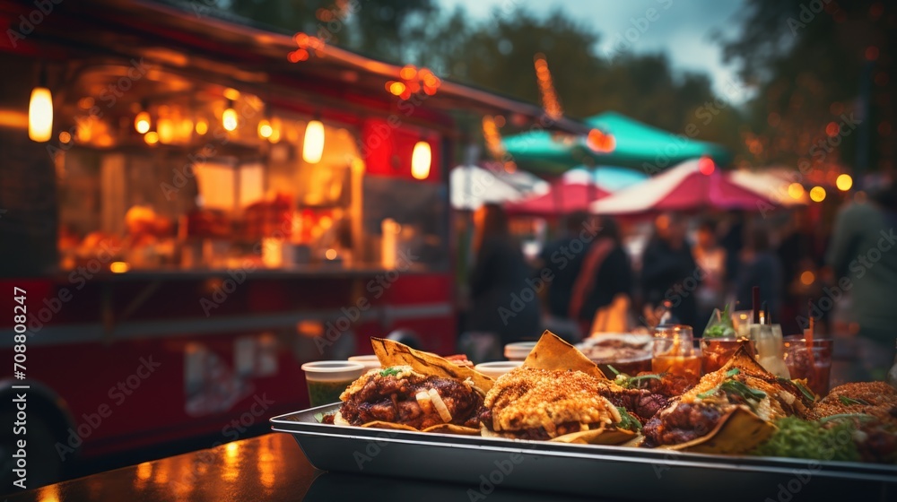 Street food festival with food trucks and food in the front with blurred background Street food festival with food trucks and food in the front with blurred background
