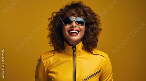 Portrait of smiling beautiful woman in leather jacket from motorcycle isolated over bright yellow background photo
