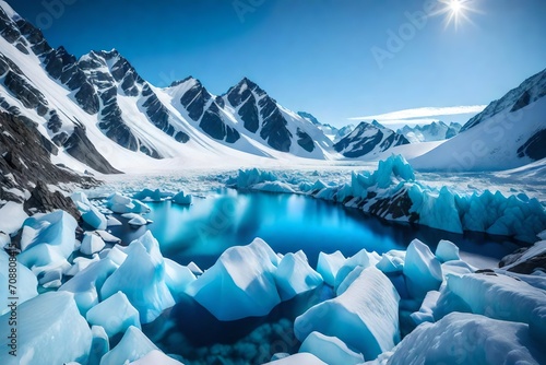 A panoramic view of a glacier, showcasing the deep blue hues of the compressed ice, contrasted against the snowy peaks and rugged terrain of the surrounding mountains. photo