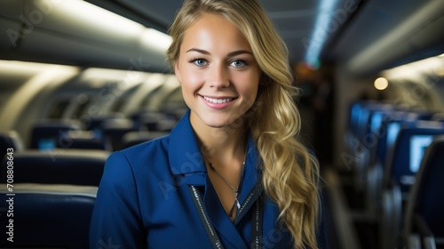 Portrait of a smiling stewardess with blonde hair in a blue uniform