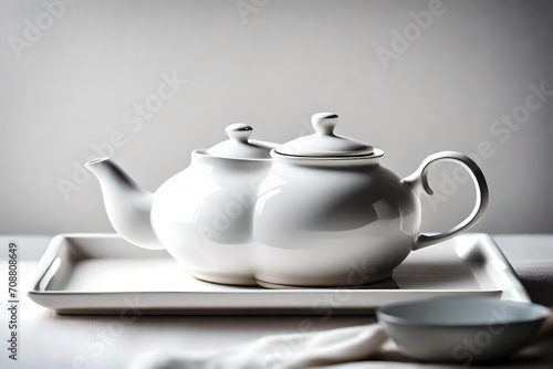 A plain white ceramic teapot on a tray, ready for tea service.
