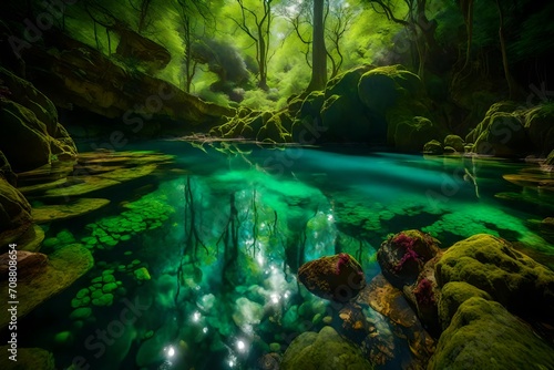 A natural  spring with mineral-rich waters  surrounded by colorful algae and rocks  creating a vibrant and otherworldly landscape reminiscent of a primordial Earth.