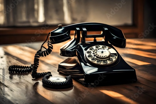 A retro rotary phone with a dial, resting on a polished wooden table. photo