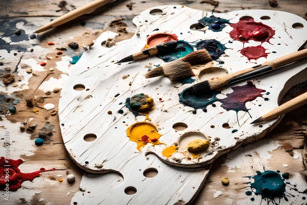 A white wooden artist's palette with dried paint blobs. A white wooden artist's palette with dried paint blobs.