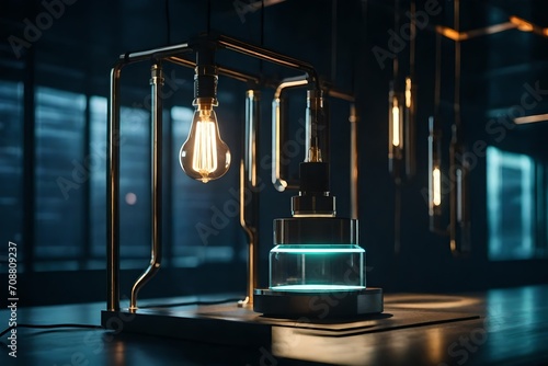A futuristic levitating lamp with levitating components, defying gravity and illuminating a sci-fi laboratory. © mohsin
