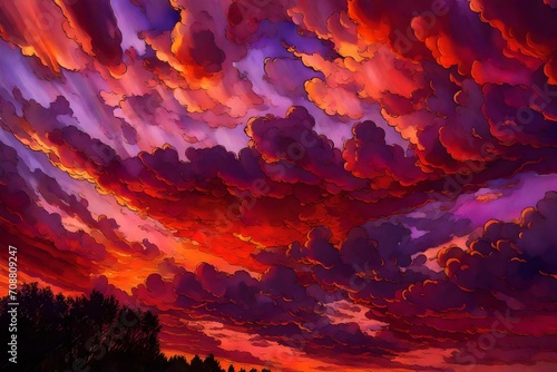 Close-up view of vibrant crimson clouds with hints of gold and purple, forming intricate patterns in the sky.